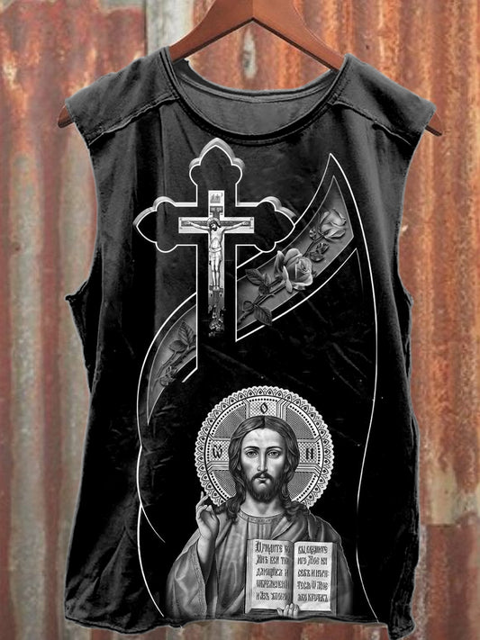 Vintage Jesus Print Casual Cotton Tank Top