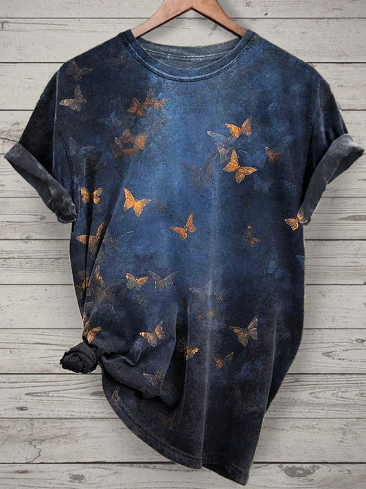 Dark Butterfly Printed Vintage Fashion Loose Short Sleeve T-Shirt
