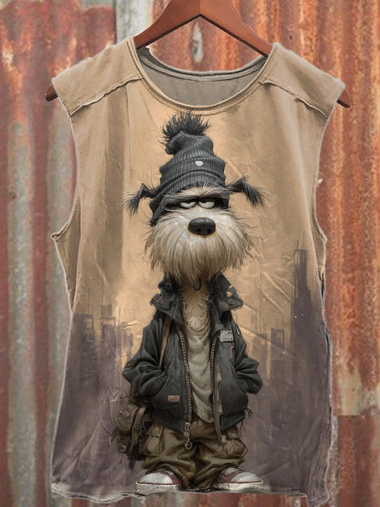 Retro Funny Puppy Print Casual Cotton Tank Top