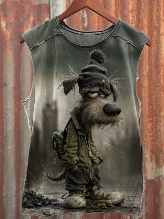 Retro Funny Puppy Print Casual Cotton Tank Top