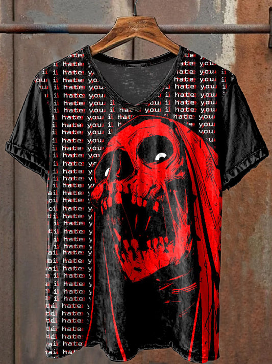 Vintage Skull Print Casual V-Neck Loose T-Shirt