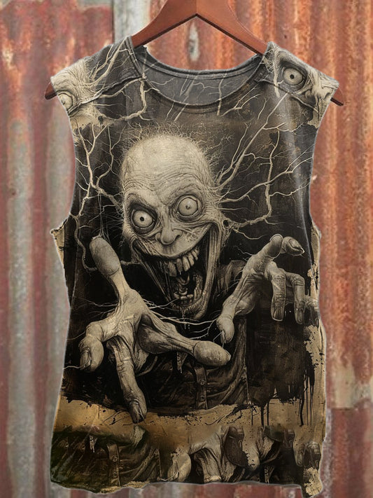 Retro Horror Old Man Print Casual Cotton Tank Top