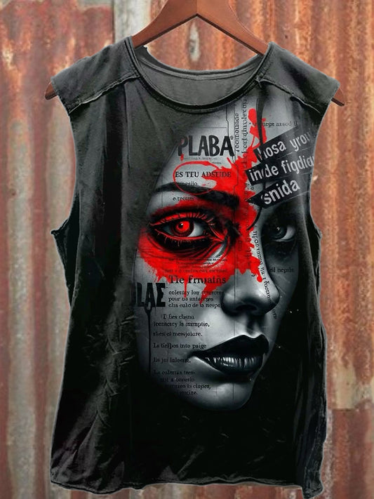 Retro Graffiti Mask Print Casual Pure Cotton Tank Top