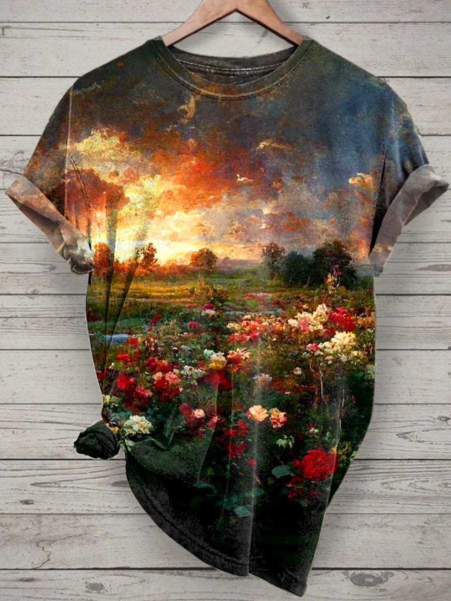 Sunset Flowers Printed Vintage Fashion Loose Short Sleeve T-Shirt
