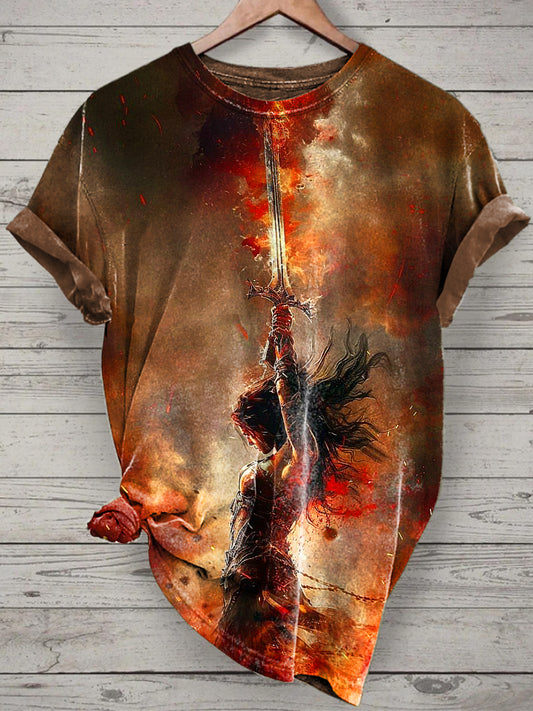 Unisex Female Warrior Printed Vintage Fashion Loose Short Sleeve T-Shirt