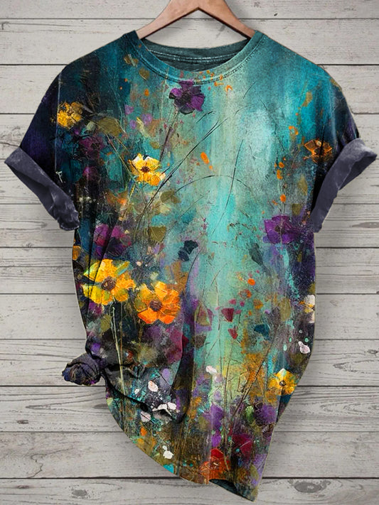 Flowers Printed Vintage Fashion Loose Short Sleeve T-Shirt