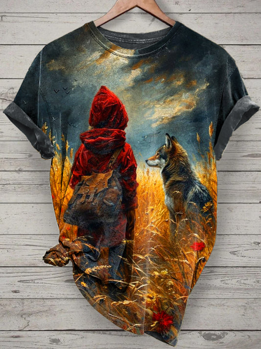 Boy And Fox Printed Vintage Fashion Loose Short Sleeve T-Shirt