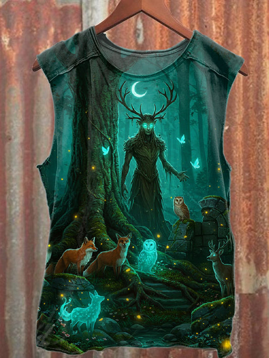 Vintage Forest Guardian Print Casual Cotton Tank Top