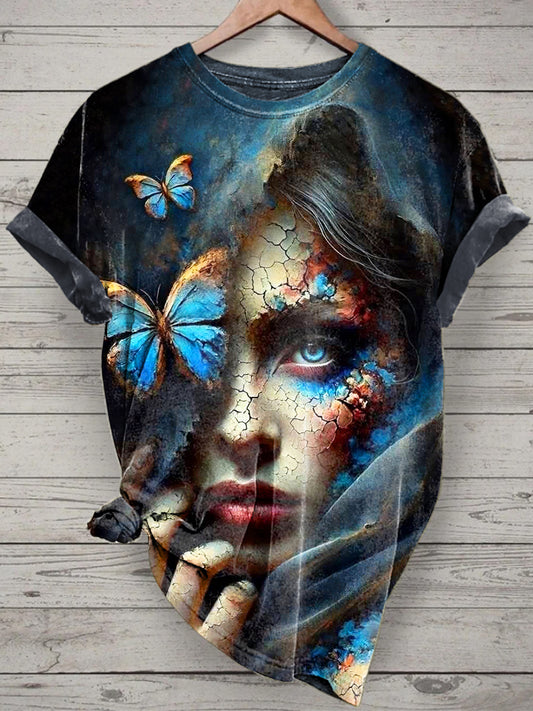 Butterfly Portrait Printed Vintage Fashion Loose Short Sleeve T-Shirt