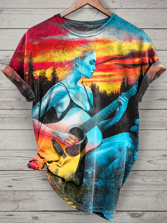 Unisex Colorful Guitarist Printed Vintage Fashion Loose Short Sleeve T-Shirt