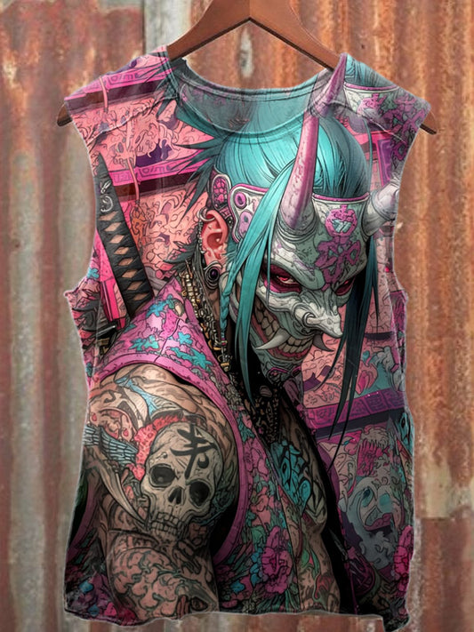 Gorgeous Tattooed Warrior Print Casual Loose Cotton Tank Top