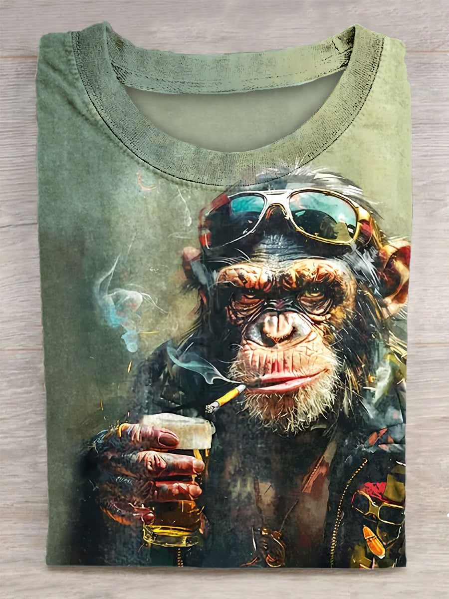 Smoking Orangutan Printed Vintage Fashion Loose Short Sleeve T-Shirt