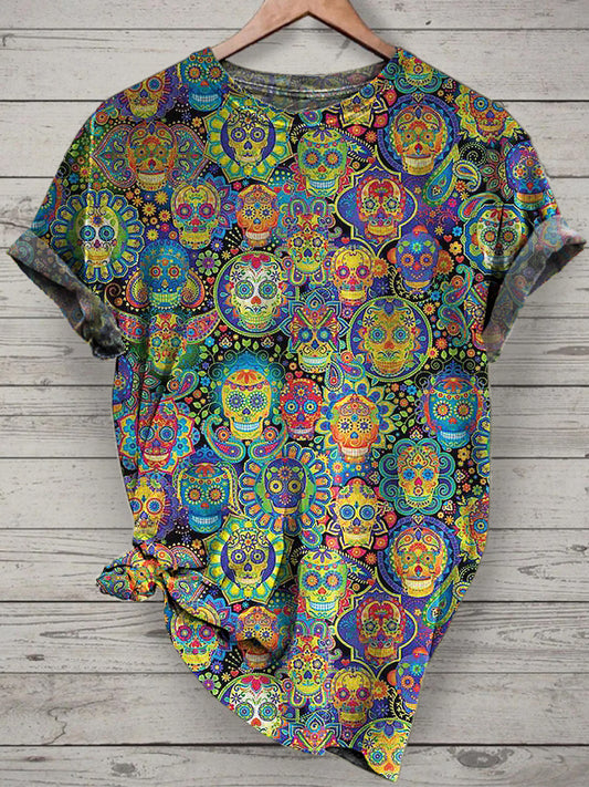 Unisex Day Of The Dead Skull Printed Vintage Fashion Loose Short Sleeve T-Shirt