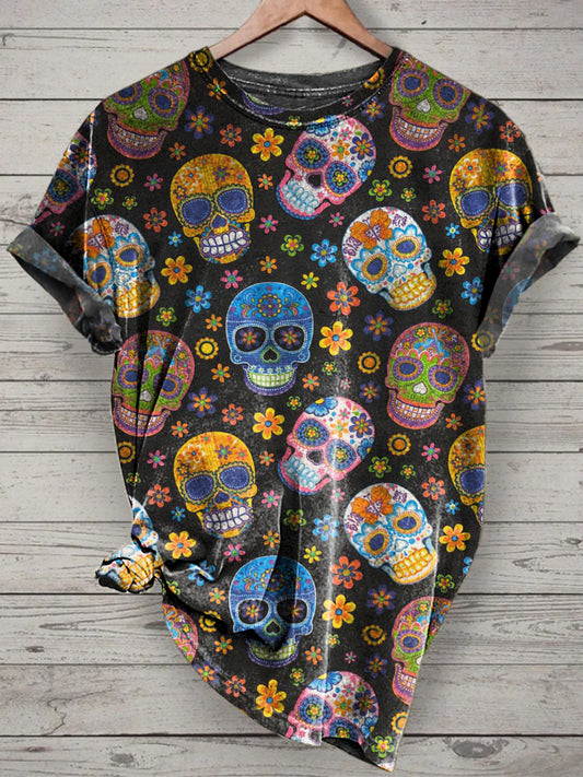 Day Of The Dead Skull Printed Vintage Fashion Loose Short Sleeve T-Shirt