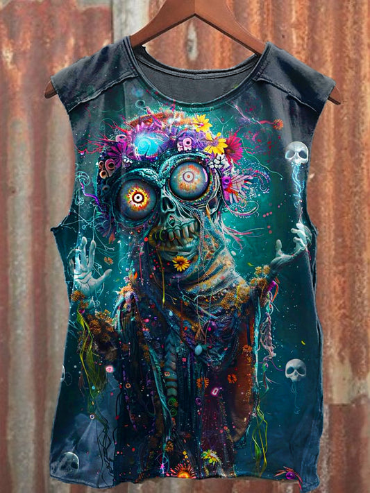 Men's Casual Flower Skull Printed Tank Top