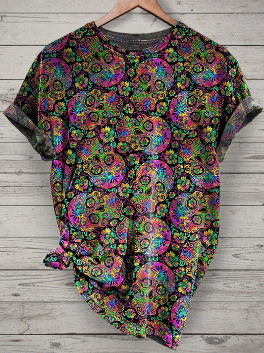 Unisex Day Of The Dead Skull Printed Vintage Fashion Loose Short Sleeve T-Shirt