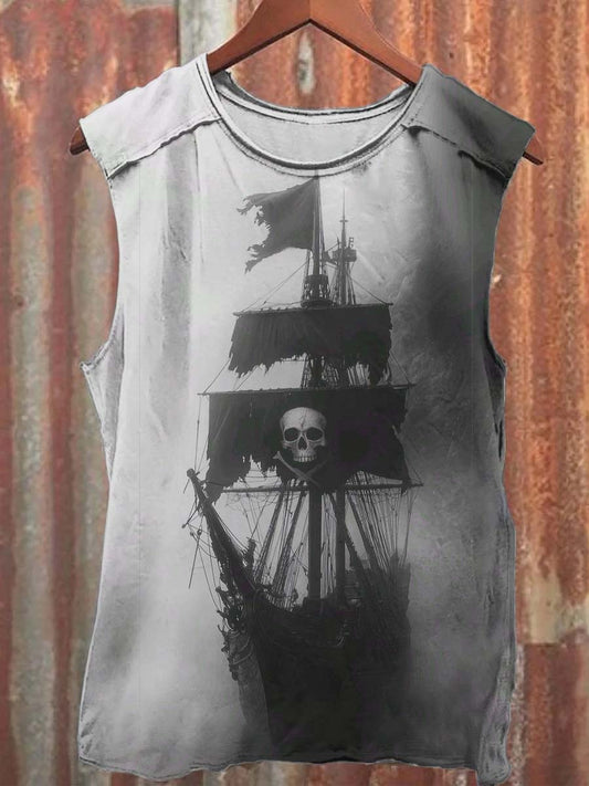 Skull Pirate Ship Print Casual Vest Top