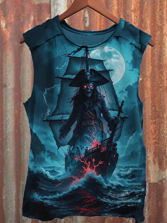 Skull Pirate Ship Print Casual Vest Top