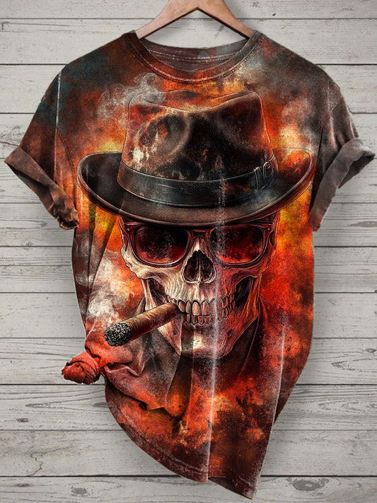 Smoking Skull Printed Vintage Fashion Loose Short Sleeve T-Shirt
