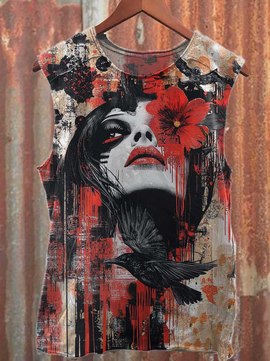 Retro Graffiti Print Casual Pure Cotton Tank Top