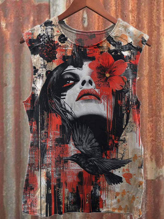 Retro Graffiti Print Casual Pure Cotton Tank Top