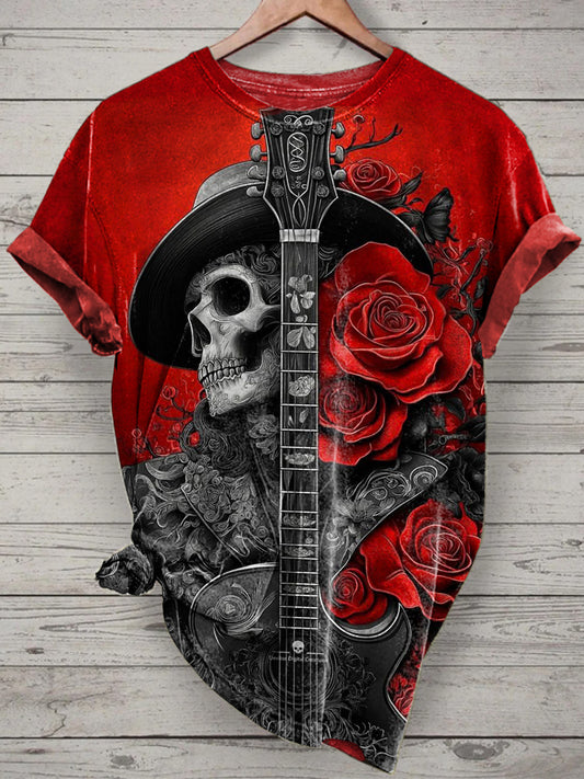 Unisex Music Skull Printed Vintage Fashion Loose Short Sleeve T-Shirt