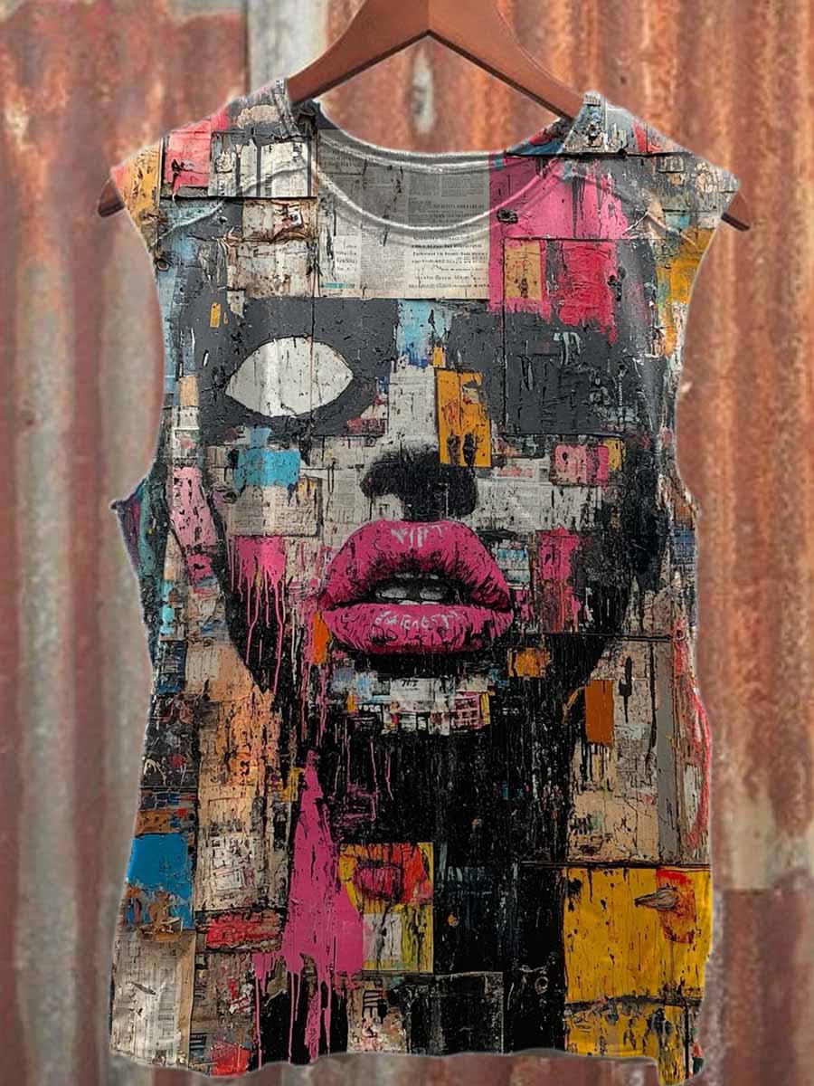 Retro Graffiti Print Casual Pure Cotton Tank Top