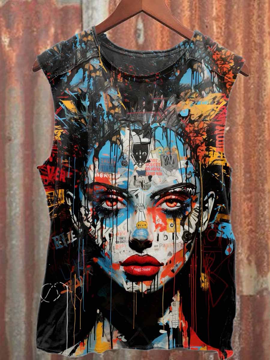 Retro Graffiti Print Casual Pure Cotton Tank Top