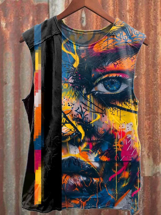 Retro Graffiti Print Casual Pure Cotton Tank Top