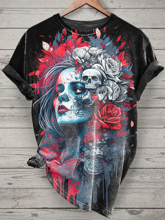Unisex Skeleton Bride Printed Vintage Fashion Loose Short Sleeve T-Shirt