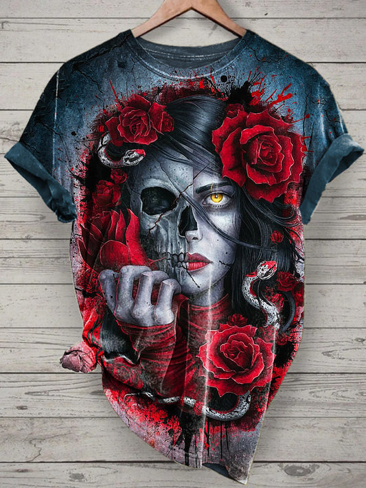 Unisex Skeleton Bride Printed Vintage Fashion Loose Short Sleeve T-Shirt