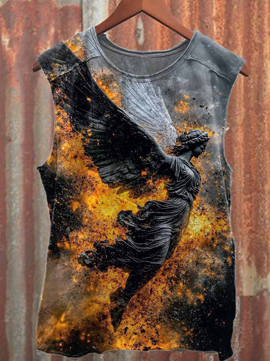 Retro Graffiti Angel Print Casual Cotton Tank Top