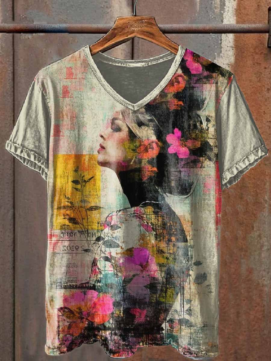 Retro Graffiti Print Casual V-Neck T-Shirt