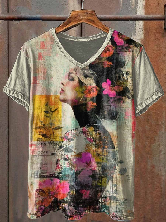 Retro Graffiti Print Casual V-Neck T-Shirt