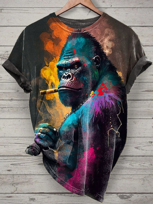 Unisex Smoking Gorilla Printed Vintage Fashion Loose Short Sleeve T-Shirt