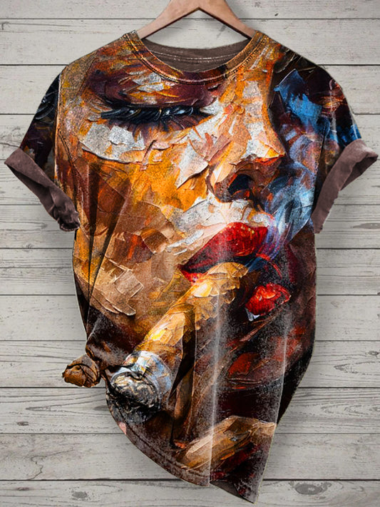 Unisex Smoking Portrait Printed Vintage Fashion Loose Short Sleeve T-Shirt