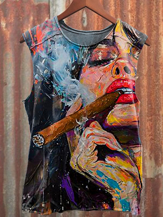 Men's Casual Smoking Portrait Printed Tank Top