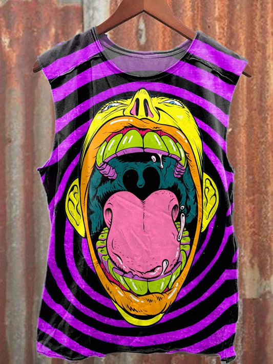 Retro Big Mouth Graffiti Print Casual Cotton Tank Top