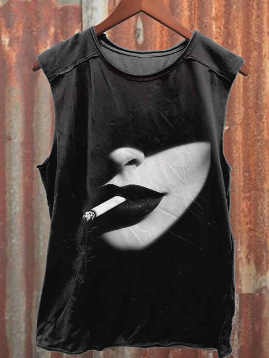 Retro Smoking Beauty Printed Casual Cotton Tank Top