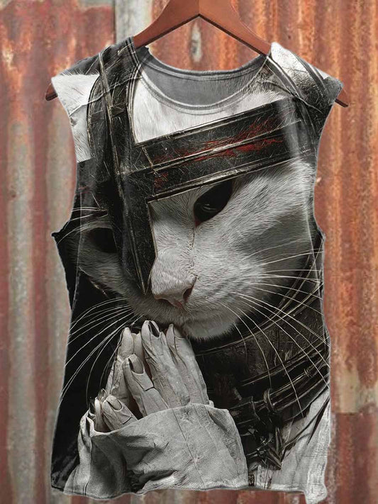 Vintage Cat Print Casual Cotton Tank Top