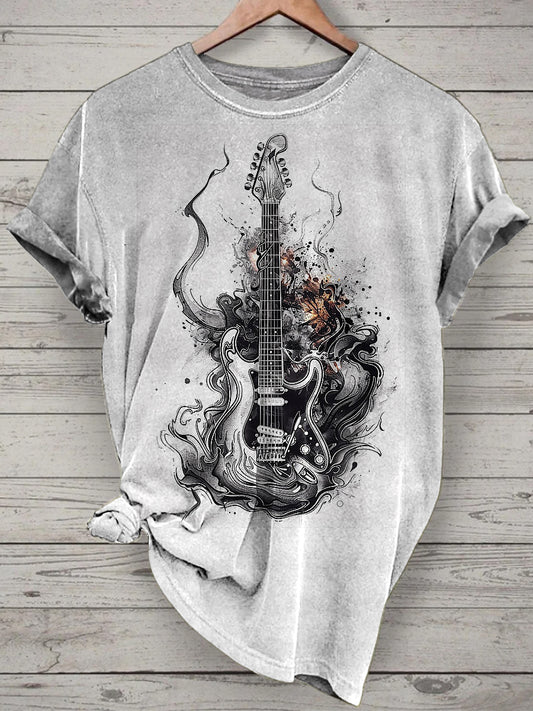 Unisex Music Guitar Printed Vintage Fashion Loose Short Sleeve T-Shirt