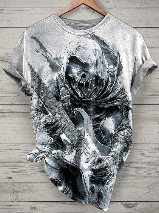 Unisex Funny Music Skull Printed Vintage Fashion Loose Short Sleeve T-Shirt