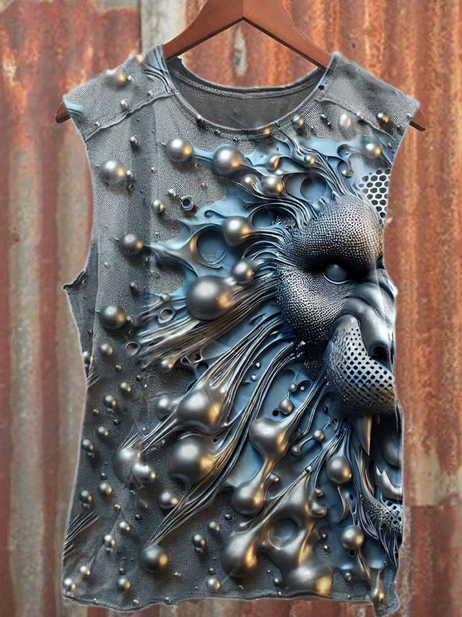 Vintage Steel Distressed Lion Print Cotton Tank Top