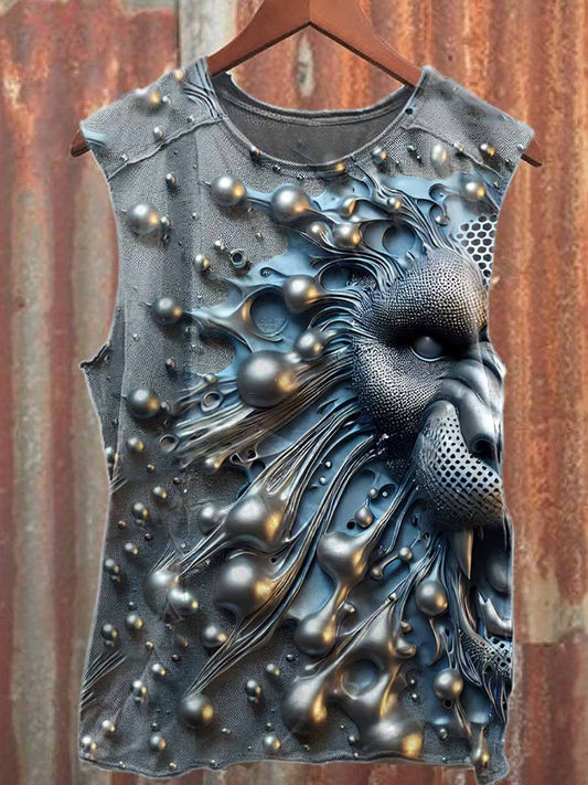 Vintage Steel Distressed Lion Print Cotton Tank Top