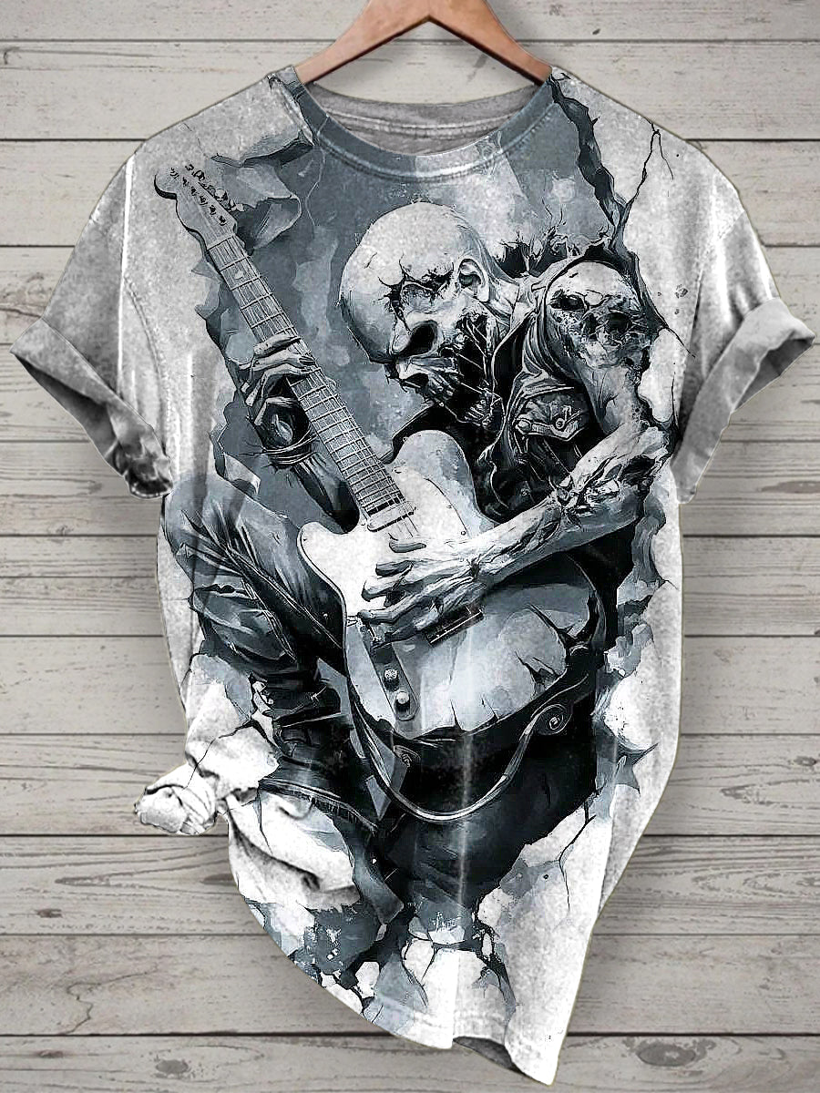 Unisex Music Skull Printed Vintage Fashion Loose Short Sleeve T-Shirt