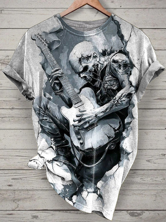 Unisex Music Skull Printed Vintage Fashion Loose Short Sleeve T-Shirt