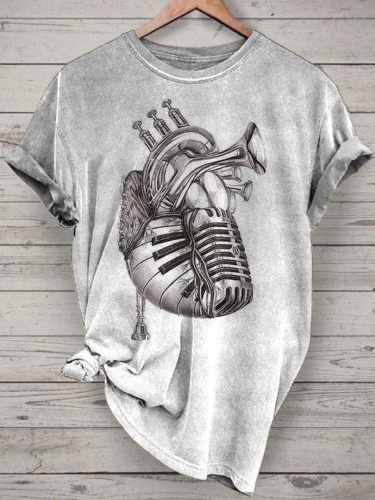 Unisex Funny Music Heart Printed Vintage Fashion Loose Short Sleeve T-Shirt