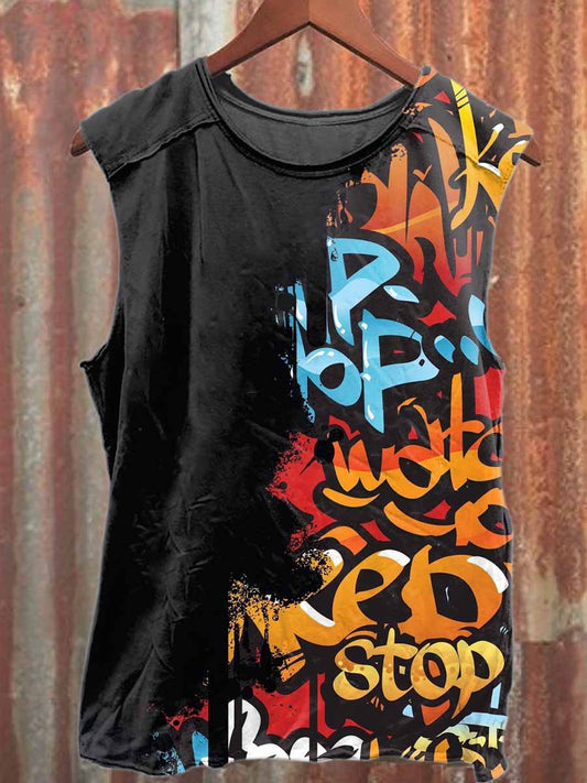 Retro Graffiti Text Print Casual Cotton Tank Top