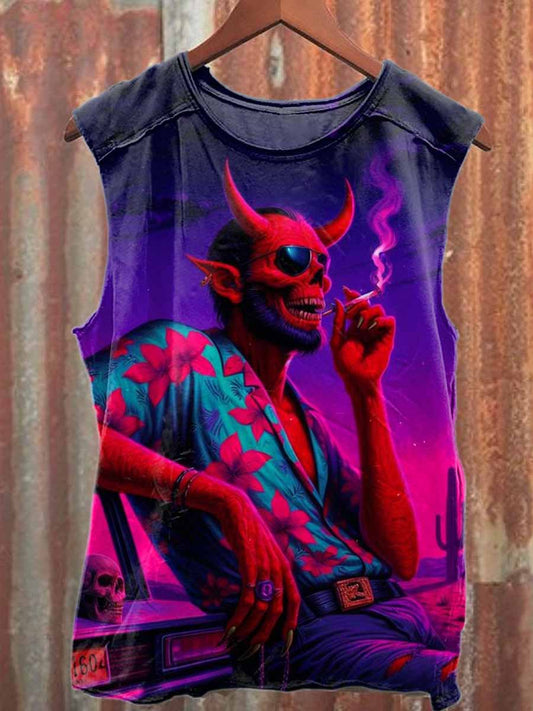 Retro Devil Smoking Print Casual Cotton Tank Top