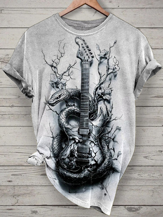 Unisex Music Guitar Snake  Printed Vintage Fashion Loose Short Sleeve T-Shirt